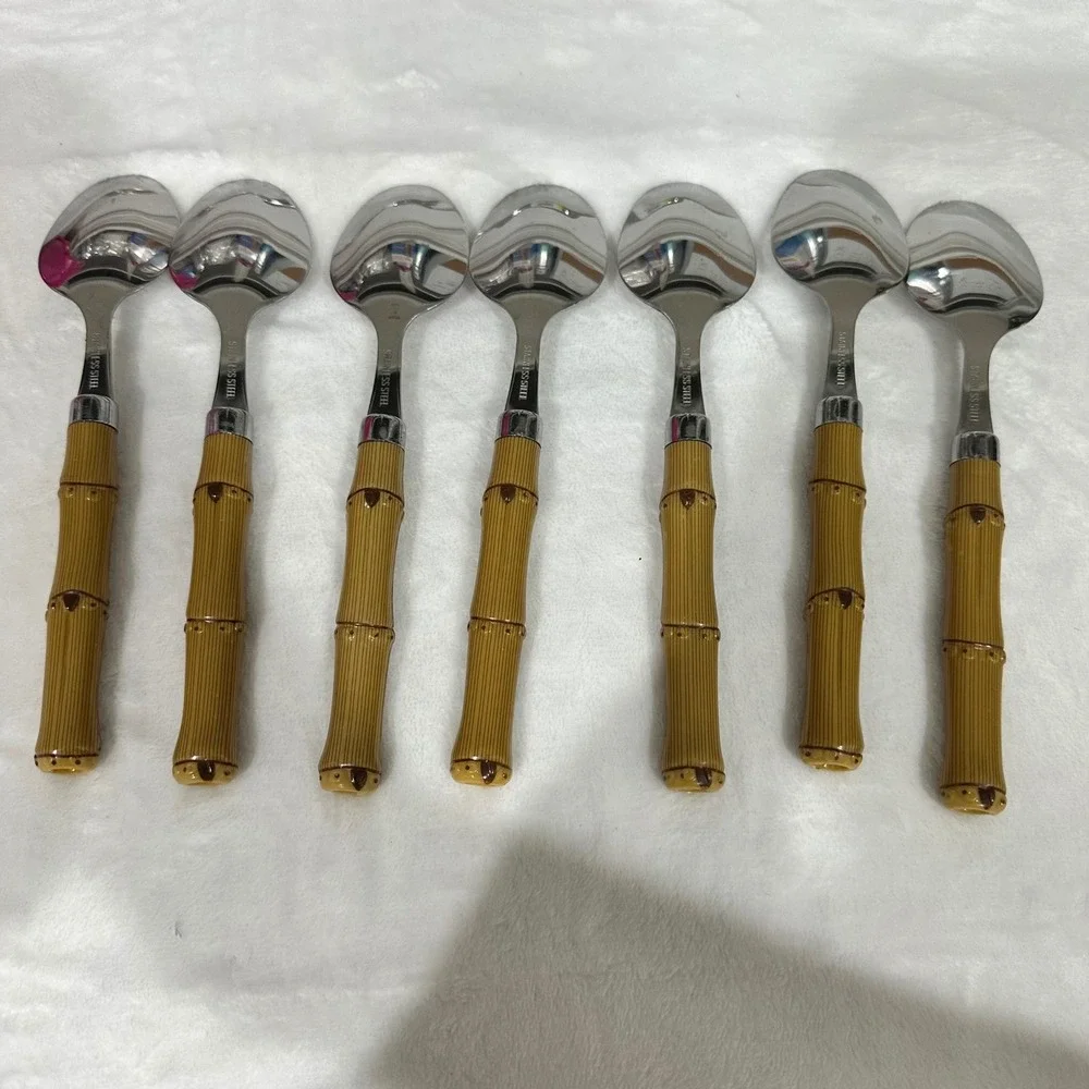 Vintage Faux Bamboo Handle Stainless Steel Spoons Set of 7 Coastal Tropical Boho